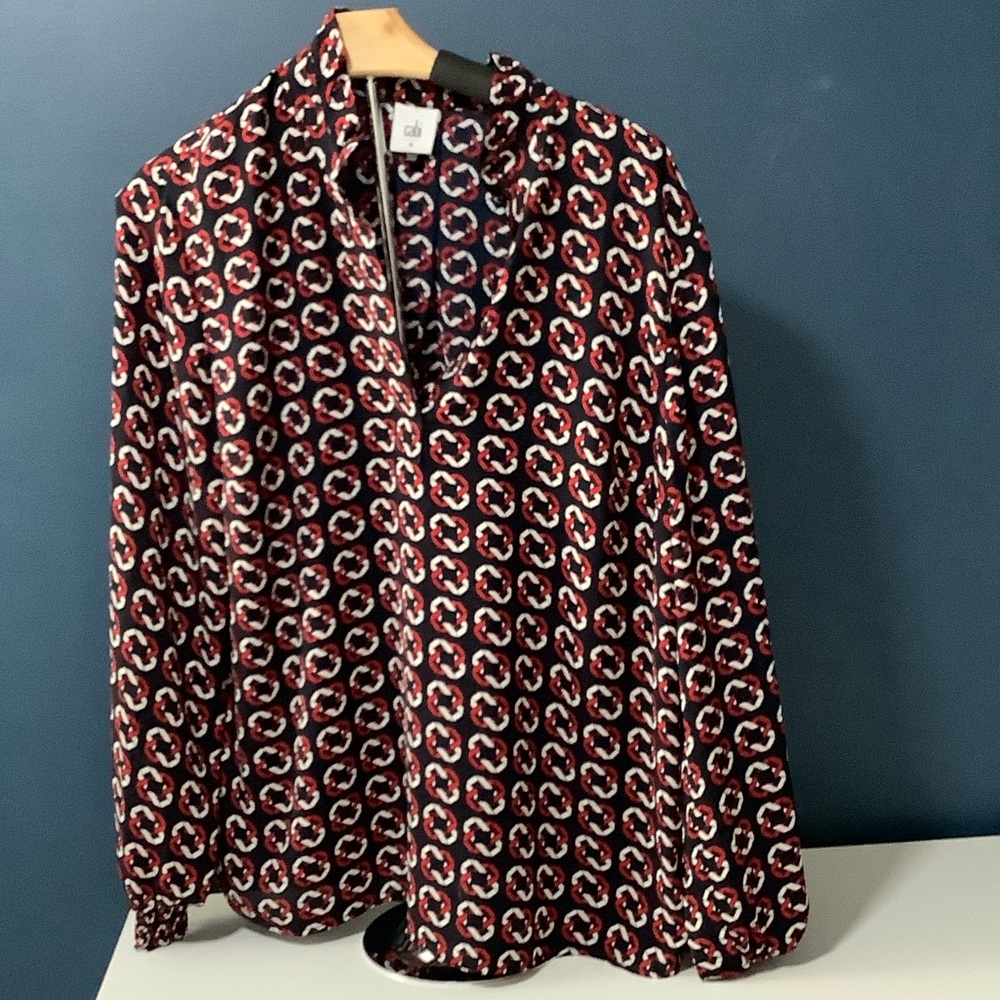 CAbi Red, Black & White Geometric V-Neck Blouse
